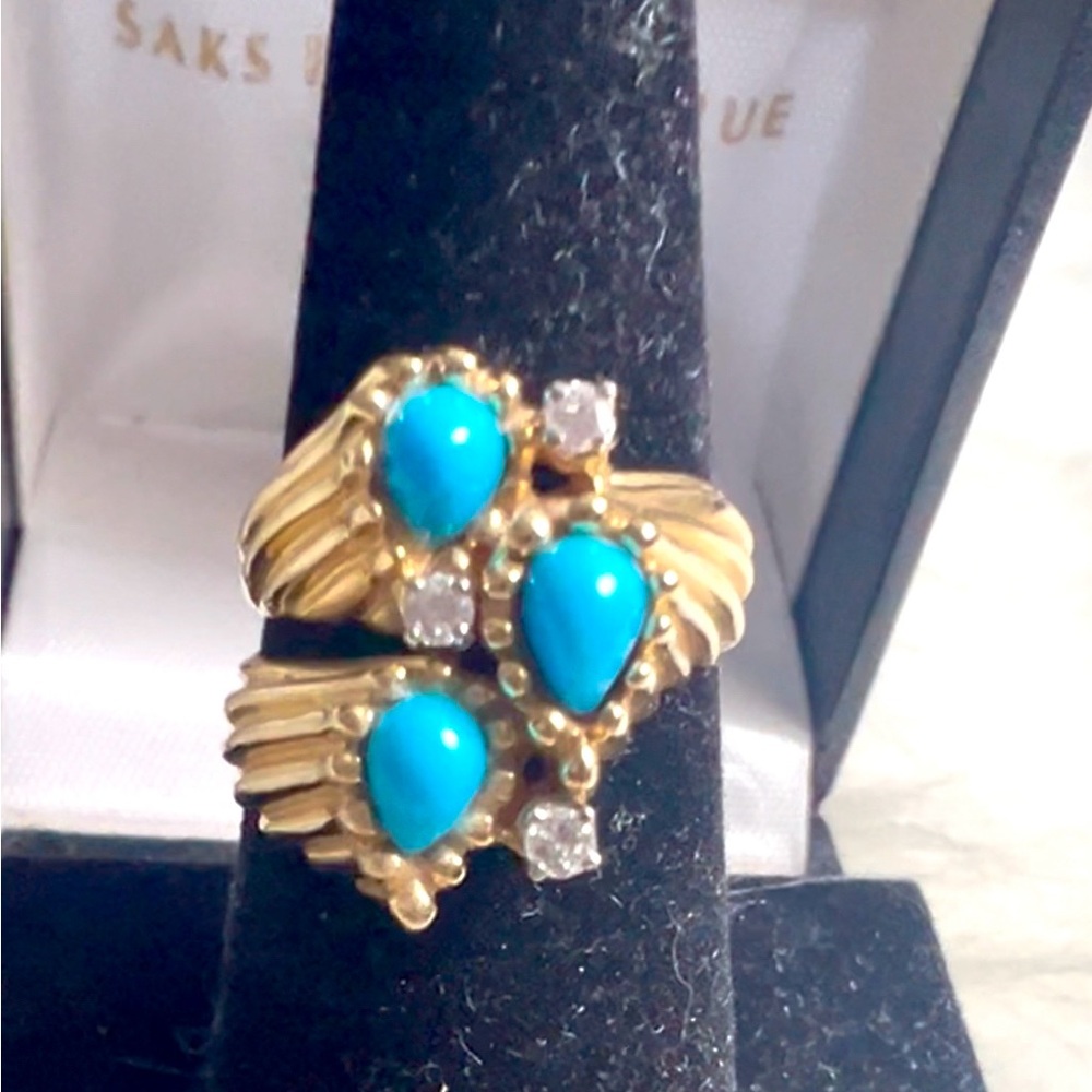 Art Nouveau 14k Yellow Gold, Diamonds 
Turquoise Ring💛🩵💎 - Picture 5 of 17